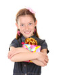 Little girl with gift isolated on white