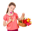 Portrait of beautiful little girl with tulips in basket Portrait of beautiful little girl with tulips in basket