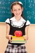 beautiful little girl in school uniform with books
