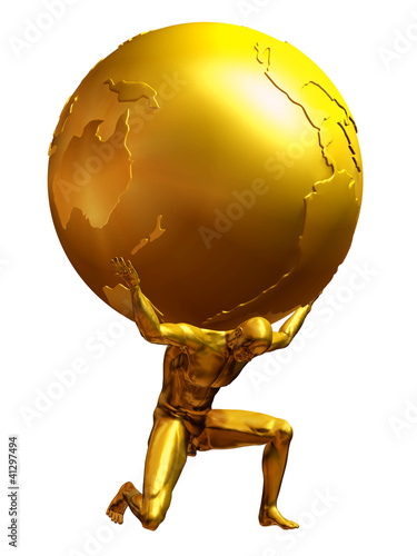 Illustration: Atlas in pure gold, a man carries the world on shoulders Atlas in pure gold, a man carries the world on shoulders