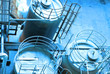 Industrial zone, Steel pipelines and cables in blue tones Industrial zone, Steel pipelines and cables in blue tones