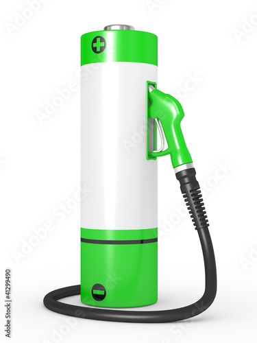 Illustration: Gas pump nozzles in a fuel station Gas pump nozzles in a fuel station