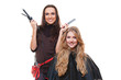 studio shot of hairdresser and blonde woman
