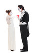 studio shot of funny mimes with present