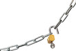 Unlocking a padlock securing two metal chains isolated on white Unlocking a padlock securing two metal chains isolated on white