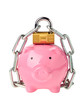 Piggy bank with lock and chain isolated on white