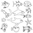 Family of funny fish. Vector black white characters.