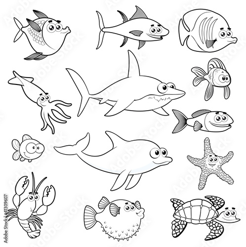 Vettoriale: Family of funny fish. Vector black white characters. Family of funny fish. Vector black white characters.