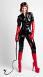 standing woman wearing extravagant clothes holding a whip and ha