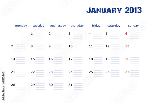 Vector: Calendario Enero 2013 en ingles Calendario Enero 2013 en ingles