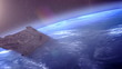 Futuristic spaceship flying by.