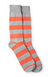 two striped orange and gray socks isolated on white background