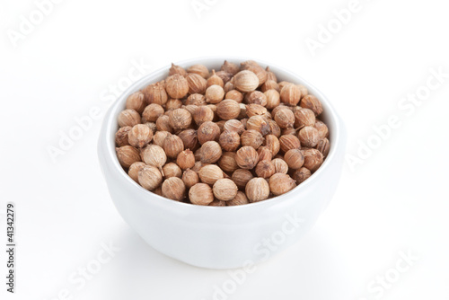 Photo: Coriander Seeds (Coriandrum sativum) in a white bowl on white ba Coriander Seeds (Coriandrum sativum) in a white bowl on white ba