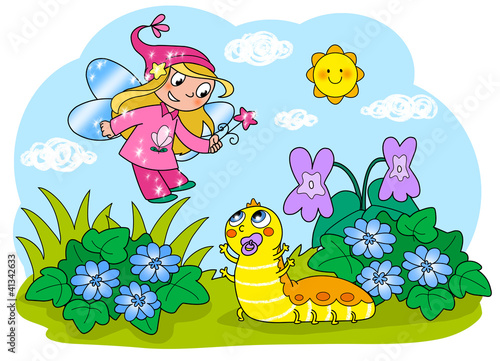 Illustration: Fata con baby bruco. Illustrazione digitale per bambini Fata con baby bruco. Illustrazione digitale per bambini