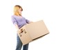young woman with moving box (white background)