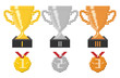 Vektor: Pixel trophy cups and medals. Vector illustration. Pixel trophy cups and medals. Vector illustration.