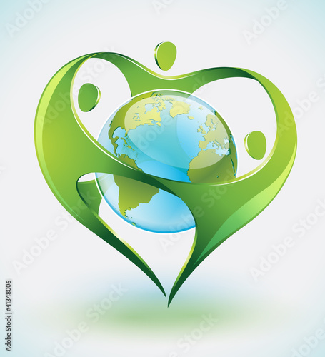 Vector: Three green figures dancing around Earth Three green figures dancing around Earth