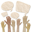 recycled paper craft, Human Hands raised up with Speech Bubbles recycled paper craft, Human Hands raised up with Speech Bubbles