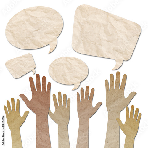 Illustration: recycled paper craft, Human Hands raised up with Speech Bubbles recycled paper craft, Human Hands raised up with Speech Bubbles