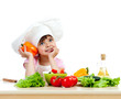 Photo: Chef girl preparing healthy food vegetable salad over white back Chef girl preparing healthy food vegetable salad over white back