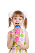 Little girl with microphone toy. Isolated on white background