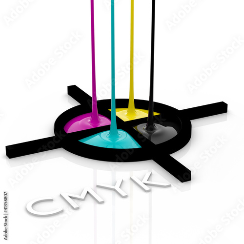 Illustration: CMYK liquid inks and registration mark CMYK liquid inks and registration mark