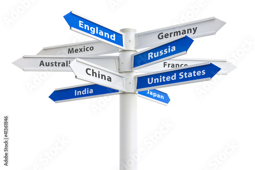 Illustration: Crossroads Sign To Different Countries of the World Crossroads Sign To Different Countries of the World