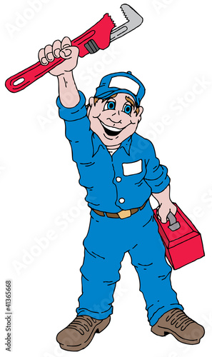 Vector: Cartoon image of a plumber holding a plumbers wrench. Cartoon image of a plumber holding a plumbers wrench.