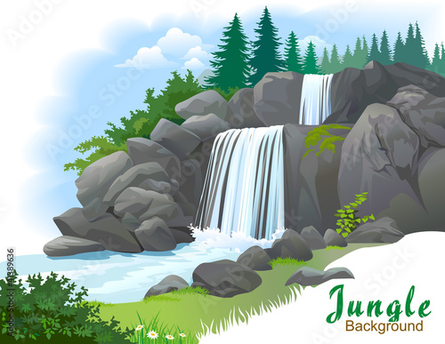 Vector: Background of waterfall in a jungle Background of waterfall in a jungle
