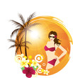Tropical background with palms and young woman Tropical background with palms and young woman