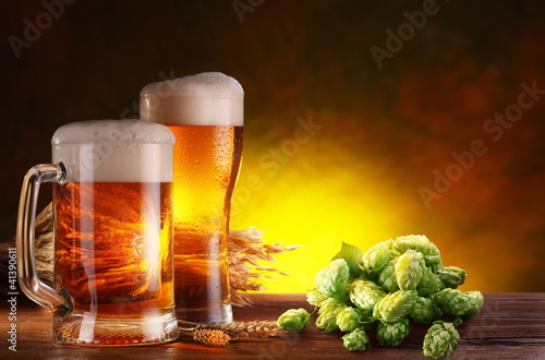 Photo: Beer and hops. Beer and hops.