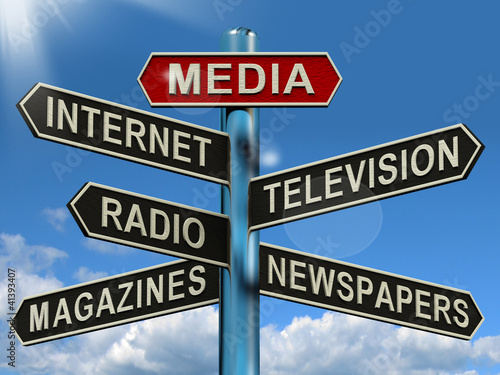 Illustration: Media Signpost Showing Internet Television Newspapers Magazines Media Signpost Showing Internet Television Newspapers Magazines