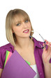 Blond woman holding her glasses and business documents
