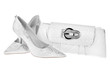 White wedding shoes and a white bag clutch