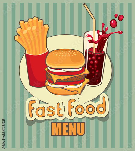 Vektor: banner with fast food with cola, hamburger and fries banner with fast food with cola, hamburger and fries