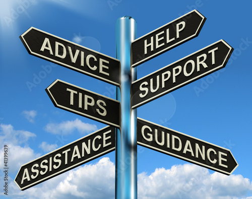 Illustration: Advice Help Support And Tips Signpost Showing Information And Gu Advice Help Support And Tips Signpost Showing Information And Gu