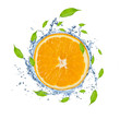 Slice of orange in water splash, isolated on white background