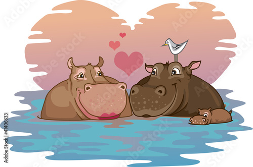 Vector: Two Hippos in Love with their baby hippo in a river Two Hippos in Love with their baby hippo in a river