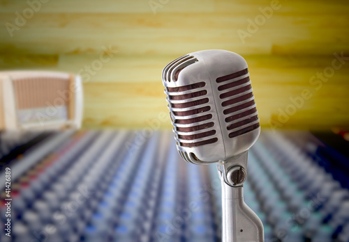 Photo: vintage microphone in sound record room vintage microphone in sound record room