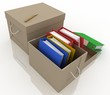 office folders in cardboard box on white background