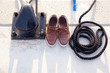 Bollard with nautic shoes and rope coil