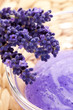 Lavender flowers and jar of glass with peeling