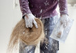 Plaster dirty hand with hemp for plasterboard