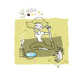 Woman and dog in suit practice yoga and relax. Woman and dog in suit practice yoga and relax.