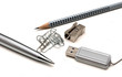pen, pencil, paper clip, sharpener and flash card