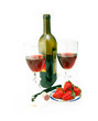 red wine bottle and two glasses with strawberries red wine bottle and two glasses with strawberries