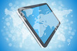 Blue Background with World Map and Tablet Computer Blue Background with World Map and Tablet Computer