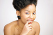 Cute carefree young woman smiling playful look