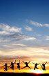 silhouette of teenagers jumping in sunset for fun silhouette of teenagers jumping in sunset for fun