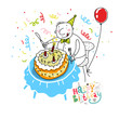Happy man is eating a birthday cake. Happy man is eating a birthday cake.